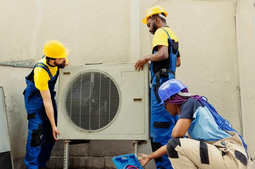 Three HVAC technicians working together to install a large outdoor air conditioning unit.